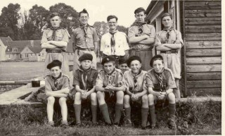 Scouts 1955. Standing l-r. Chris Merriman, Anthony Reeve, Mr Hickling, Robin Amor, Seated l-r. Chris Brodie, David Stanley, Jos Benfield, Robert Fowles 
