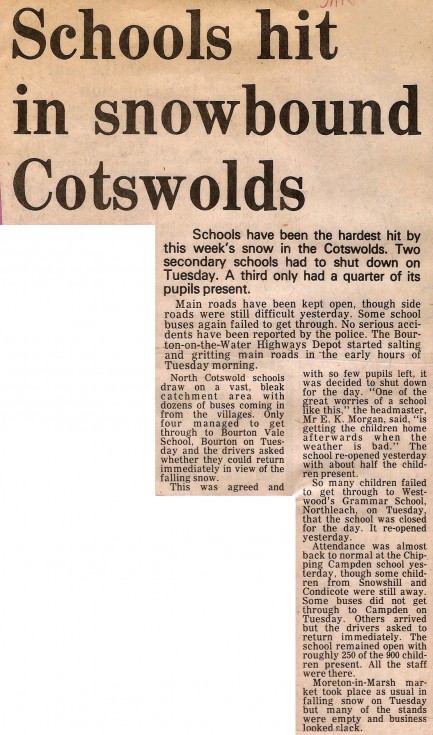 School hit in Snowbound Cotswolds Jan 1979