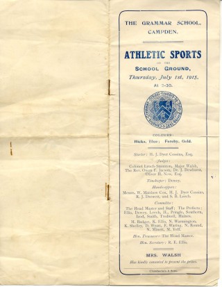 Athletics Sports Day 1915, programme cover