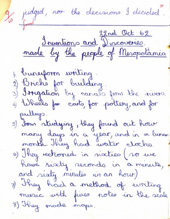 A later page from Mary Ellis's first History exercise book.