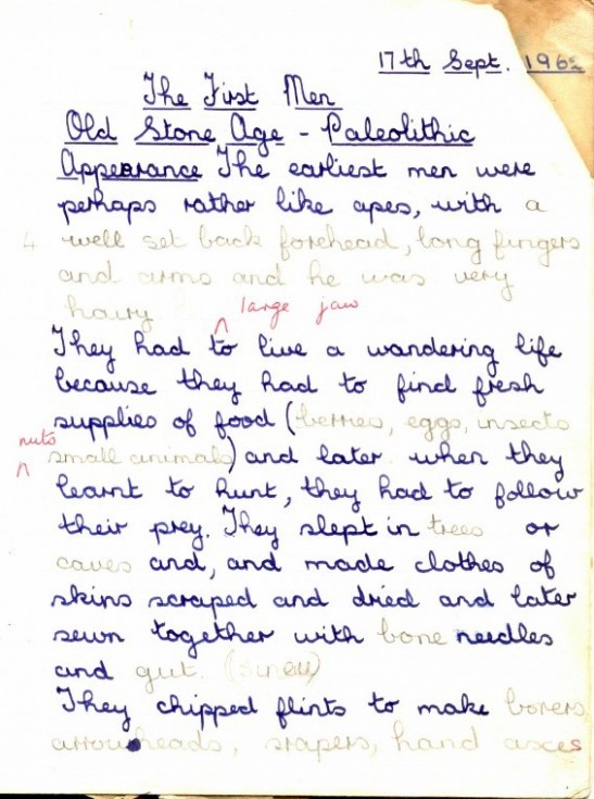 The first page of Mary Ellis's first History exercise book as taught by Miss David.