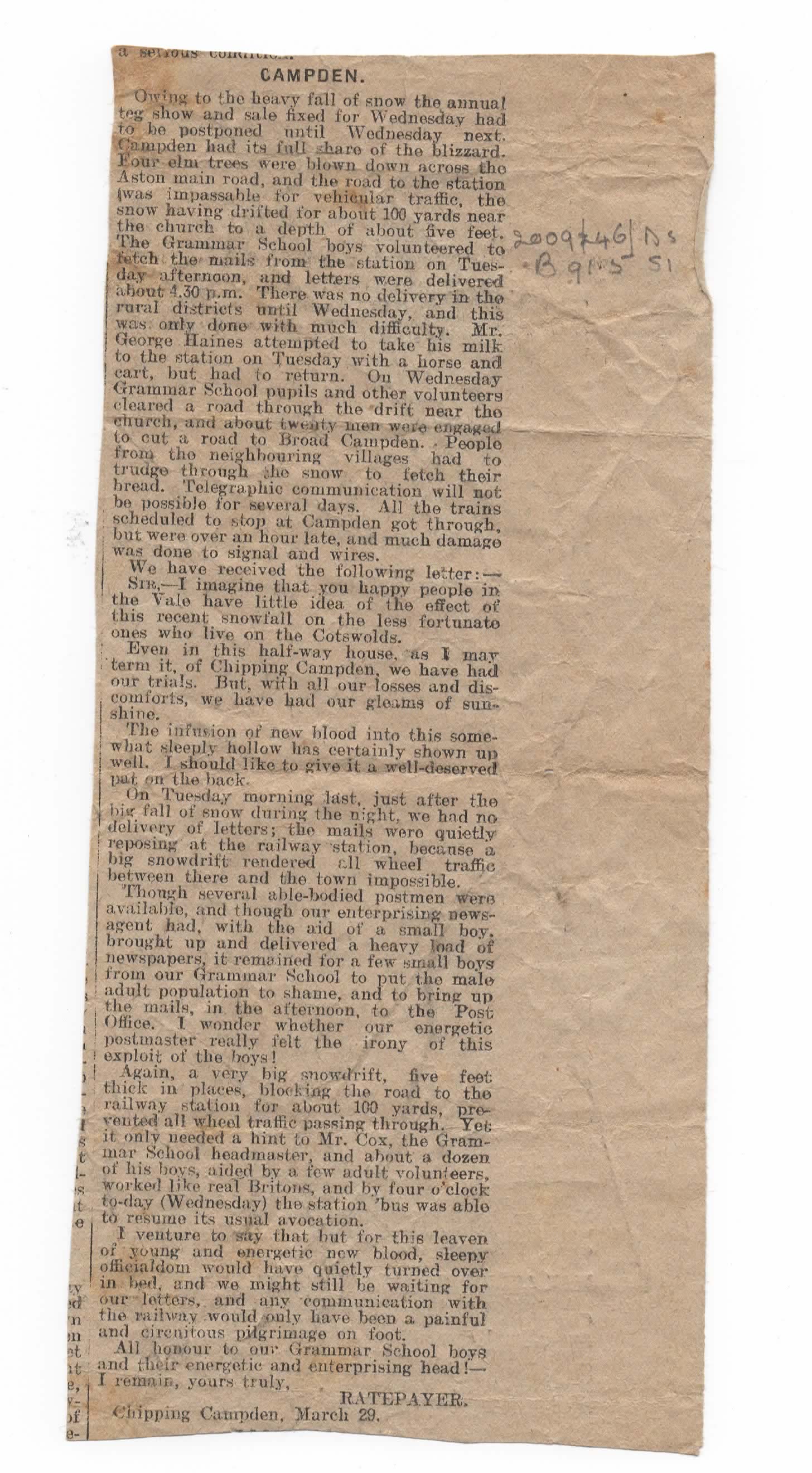 Report on snowfall, 1916. Evesham Journal.