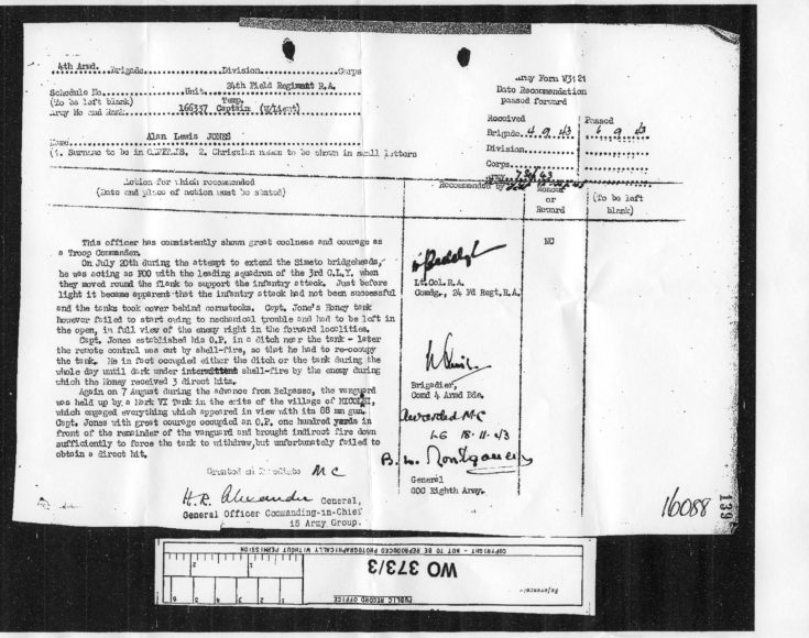 Mr A L Jones citation for Military Cross - 1943